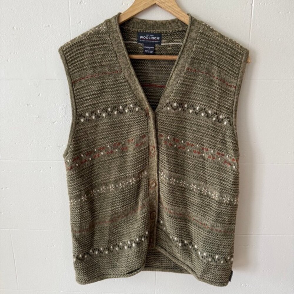 Woolrich | Cottagecore Green Knit Vest Floral | Embroidered Cotton | Large